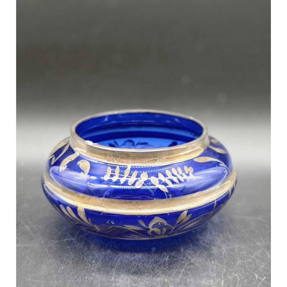 Vintage Cobalt Blue Italian Art Glass Silver Overlay Candy Dish Bowl 6"